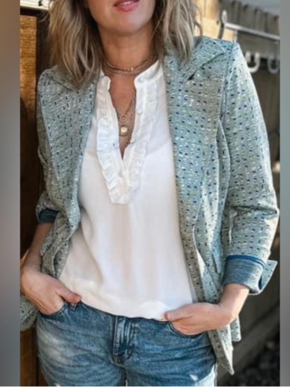 CAbi Light Gray Tweed Blazer with Blue & Green Threads only worn once